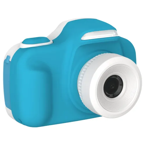 Appareil photo pour enfants myFirst Camera 3 en bleu et blanc avec un grand objectif frontal, présenté sur un fond blanc
