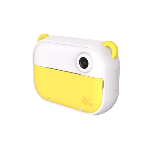 Appareil photo instantané pour enfants myFirst en blanc et jaune, avec objectif frontal et design compact arrondi