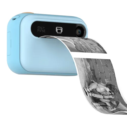 Appareil photo instantané bleu myFirst Camera Insta 20 imprimant une photo, avec écran d’affichage et objectif avant