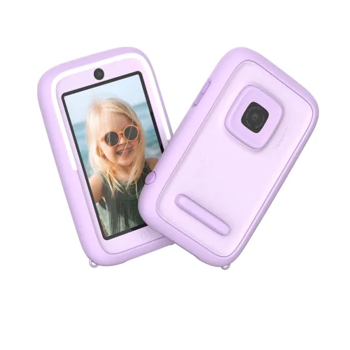 myFirst Camera 50 lila barnkamera visas framifrån och bakifrån med skärm, objektiv och rundad skyddande design