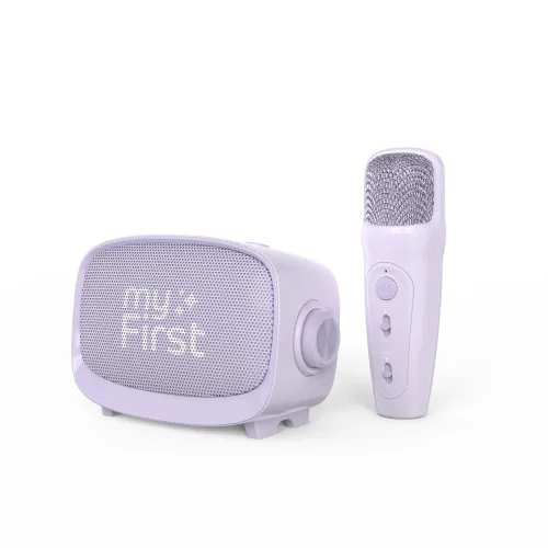 myFirst Voice 2 bærbar karaokehøjttaler med mikrofon i pastellilla, vist som et matchende sæt