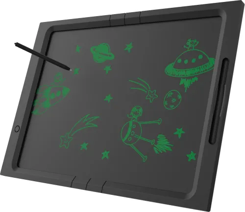 myFirst Sketch Board Pro svart ritplatta med ritpenna och gröna klotterteckningar på LCD-ritområdet