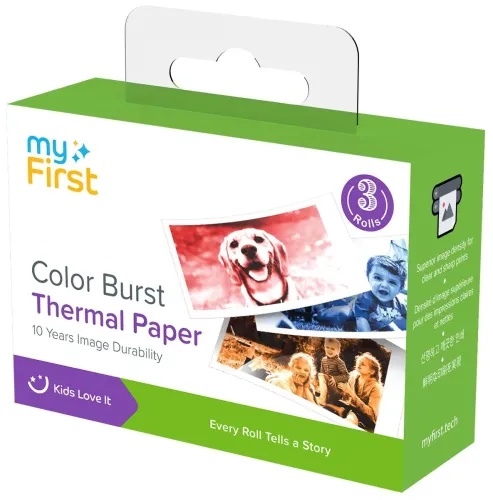 myFirst Color Burst låda med termopapper, 3-rullarsförpackning för Camera Insta 20 med provutskrifter