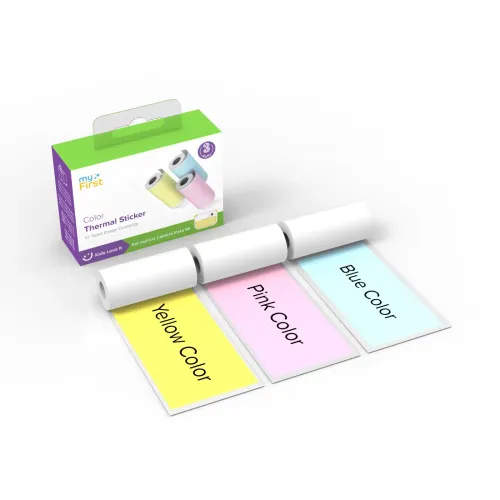 myFirst set med termiskt klisterpapper med tre rullar, färgglada provark och butiksförpackning för barns utskrifter
