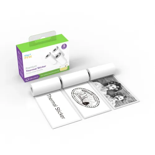 myFirst termiska klistermärkesrullar 3-pack med butiksförpackning och tre vita rullar för Camera Insta-utskrift
