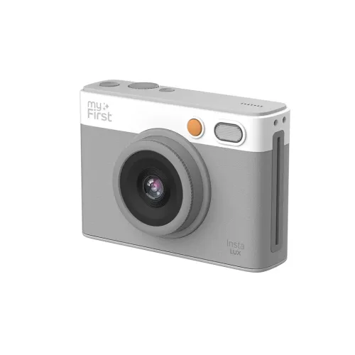 myFirst Insta Lux compact instant camera in gray and white with large lens and orange shutter button